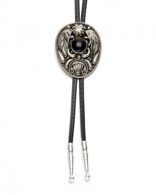 Made in Mexico nickel silver cowboy bolo tie with natural onix stone