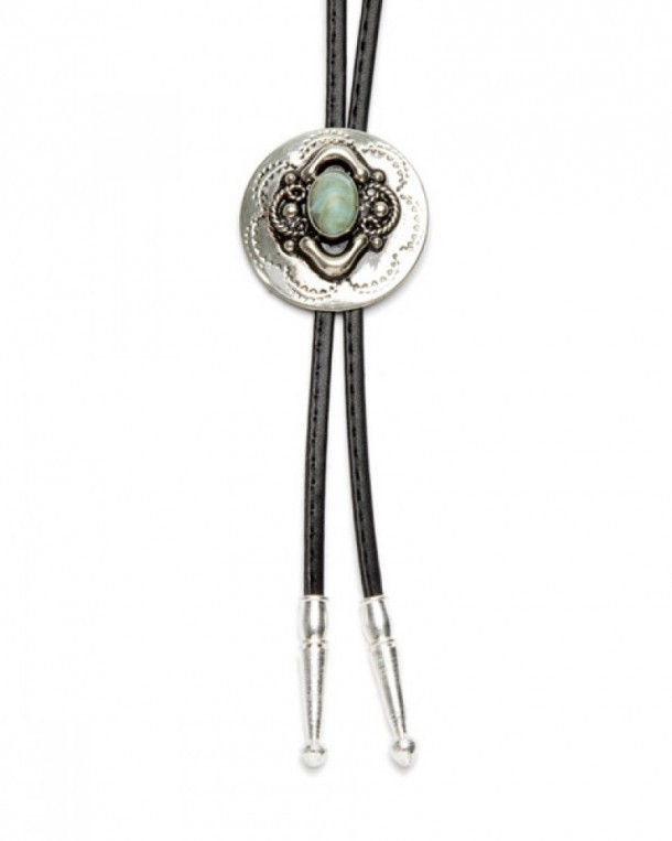 German silver rounded Mexican bolo tie with genuine turquoise stone