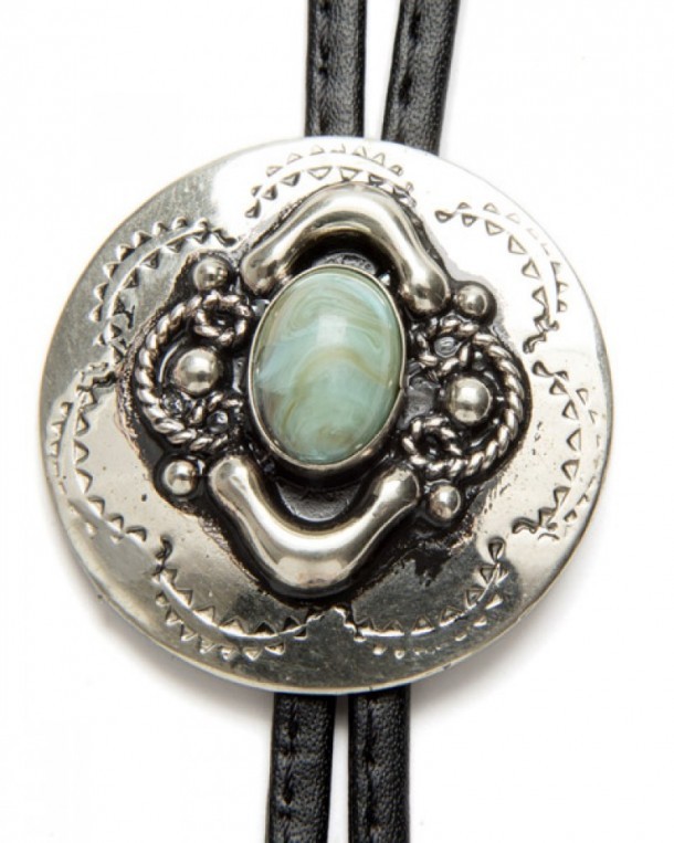 German silver rounded Mexican bolo tie with genuine turquoise stone