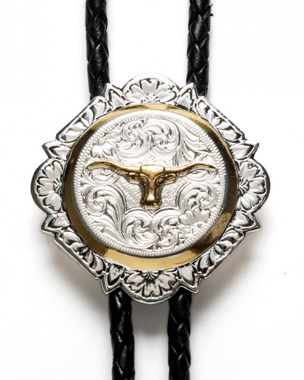 Montana Silversmiths longhorn bolo tie in silver and gold for sale online at Corbeto
