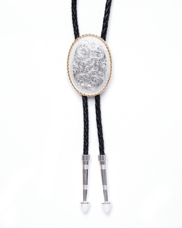 Gold and silver electroplated shiny bolo tie with western filigrees