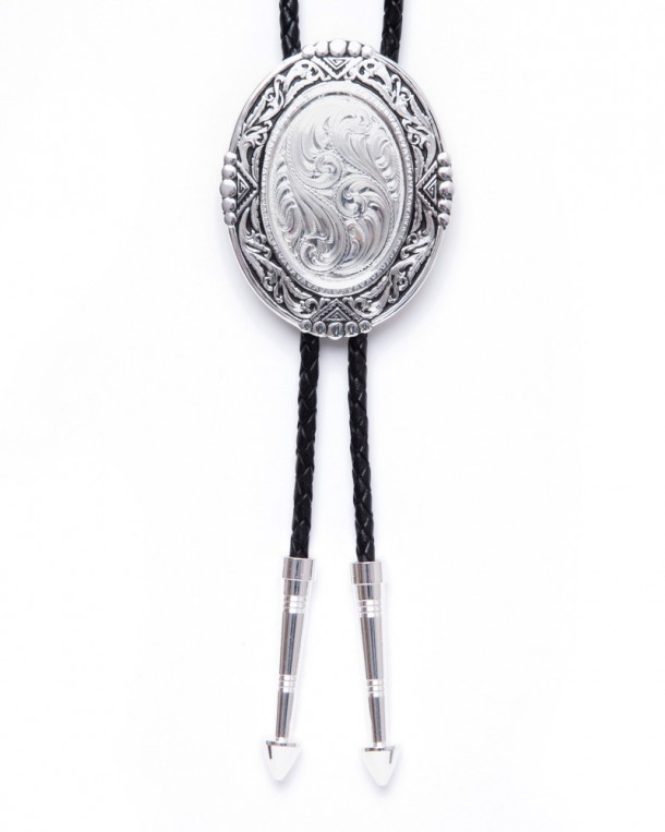 Rancher style silver plated mosaic bolo tie with black edge
