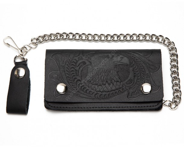 Engraved eagle with filigrees black chain wallet