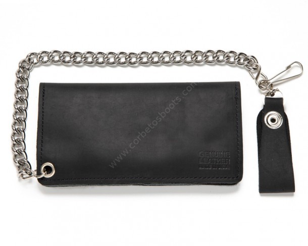 Black leather chain wallet with engraved open-winged eagle
