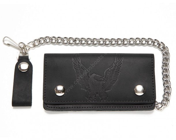 Black leather chain wallet with engraved open-winged eagle
