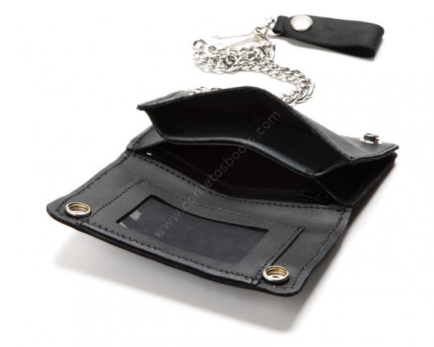 Compacted black leather biker chain wallet