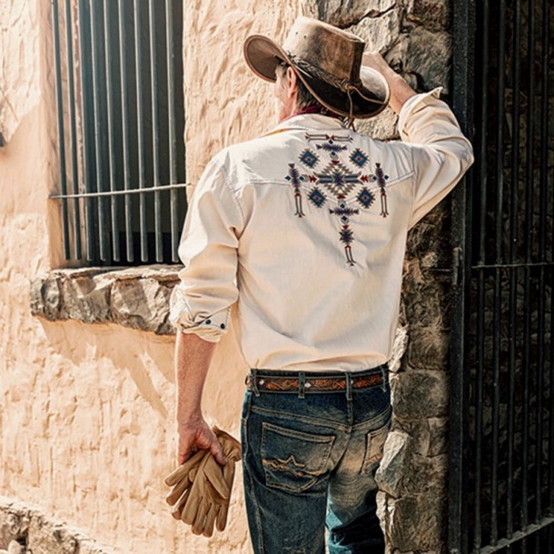 Washed look denim sand color mens western shirt with Mexican tribal embroideries
