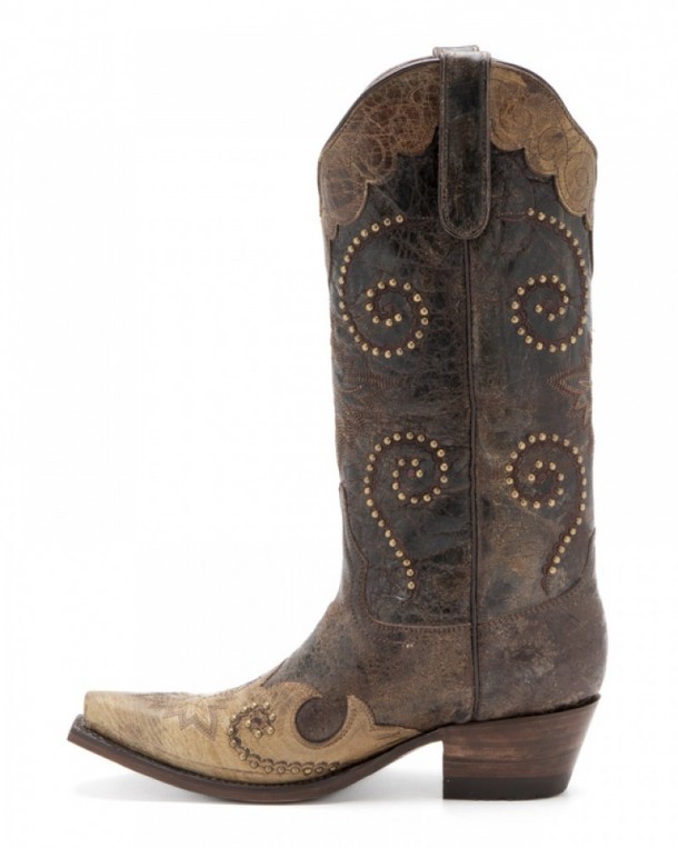 Combined distressed cow leather women western boots with Mexican style embroideries