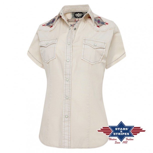 Denim look cowgirl style beige blouse with Aztec mosaic embroidery