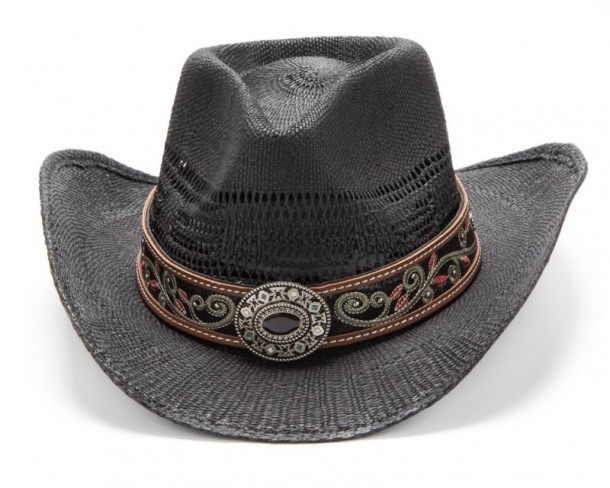 Sombrero country de paja negra calada con cinta de cuero bordada y hebilla decorativa