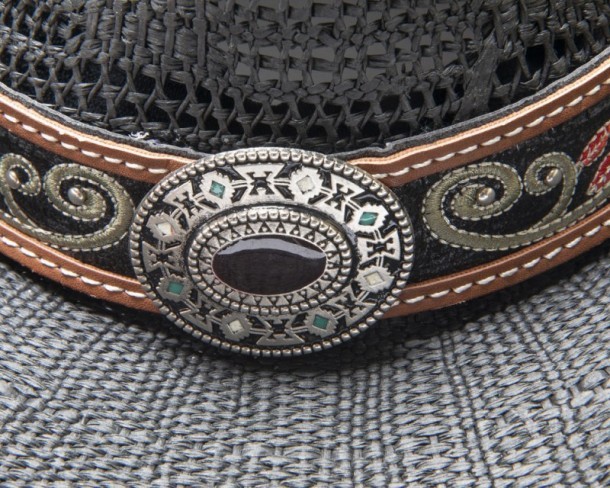 Summer country black straw hat with embroidered leather band and decorative buckle