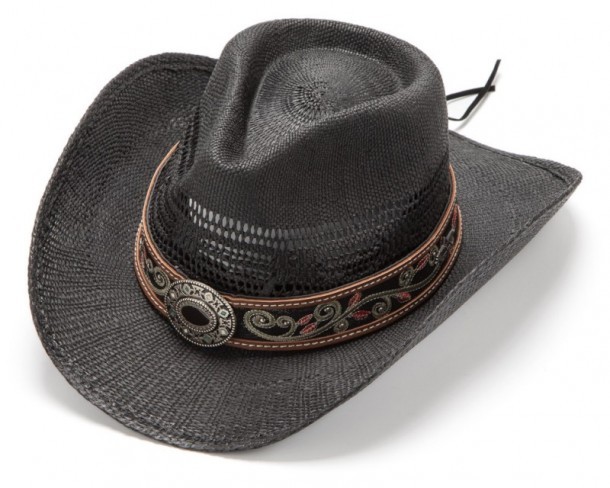 Summer country black straw hat with embroidered leather band and decorative buckle