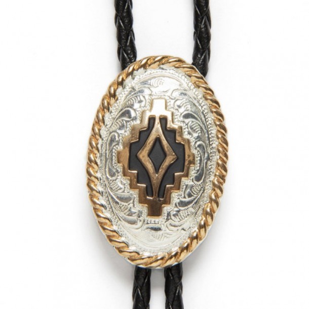 Electroplated silver Crumrine bolo tie with mosaic design