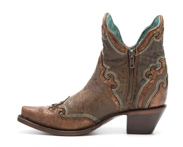 Corral Boots cowgirl booties made with brown goat skin and turquoise accents