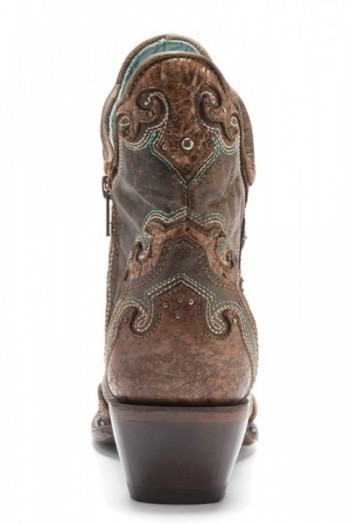 Botinas cowgirl Corral Boots piel de cabra marrón y adornos color turquesa