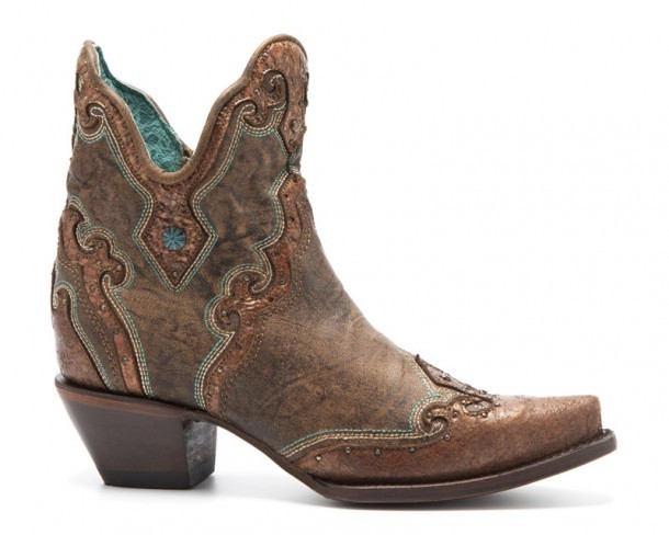 Corral Boots cowgirl booties made with brown goat skin and turquoise accents