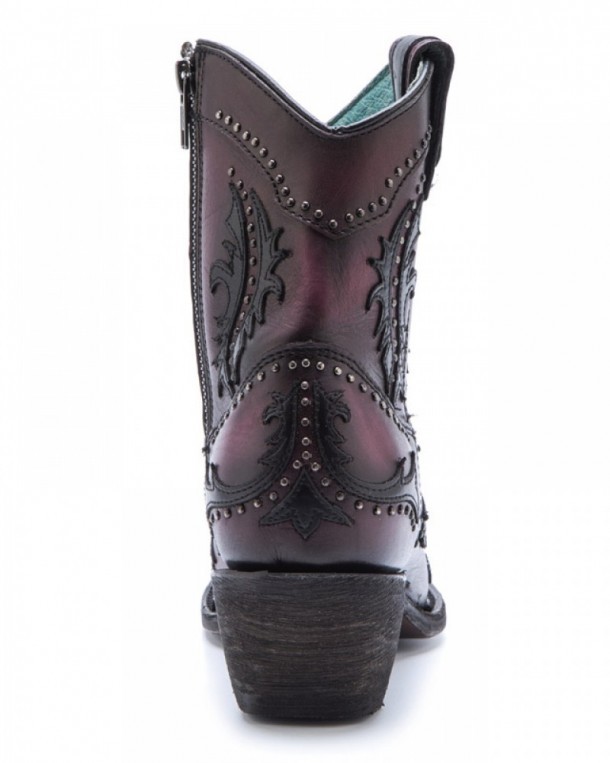 Botas cowgirl caña corta con cremallera Corral Boots combinación cuero color vino y negro