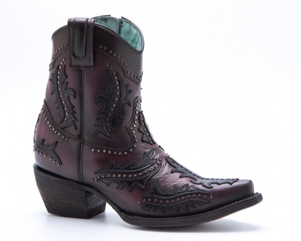 Cowgirl style Corral Boots short leg wine leather and black overlay zippered boots