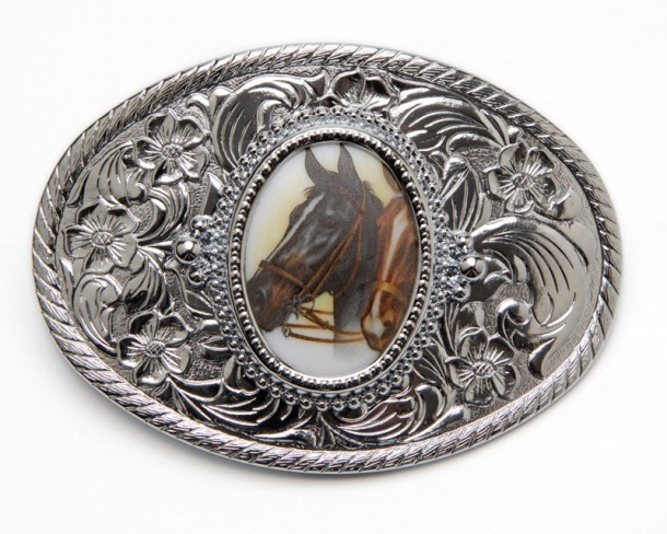 Chromed metal cowboy belt buckle with framed horse picture