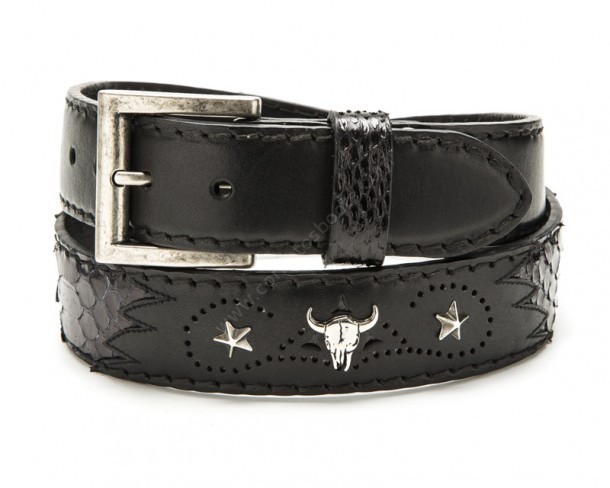 Black leather and python skin cowboy belt with metallic longhorns & stars