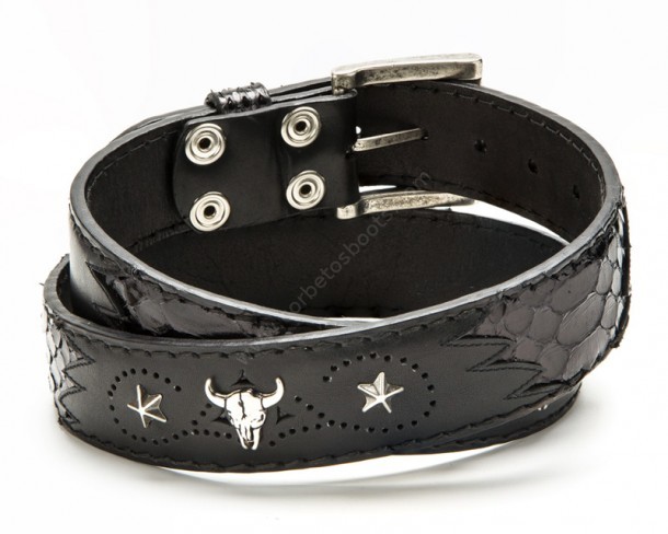 Black leather and python skin cowboy belt with metallic longhorns & stars