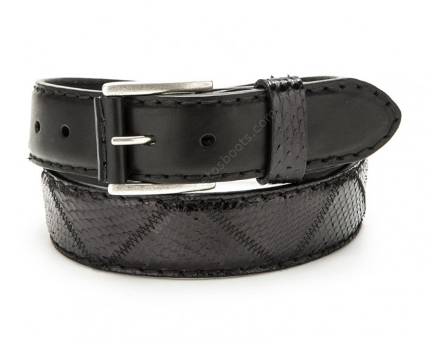 Shiny black snake skin & black leather Mayura belt