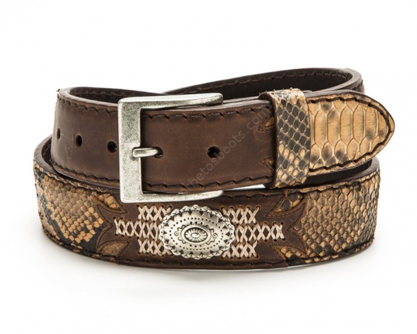 Tanned brown leather and snake skin western belt