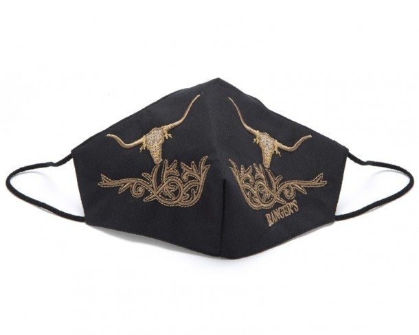 Western style black face mask with brown embroidered Texan longhorn skull