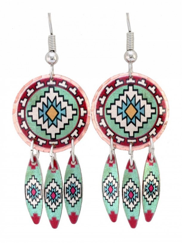 Turquoise green and red mosaic dreamcatcher women earrings