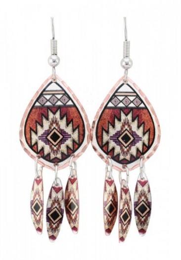 Native American jewelry tear-shape copper earrings with hanging feathers