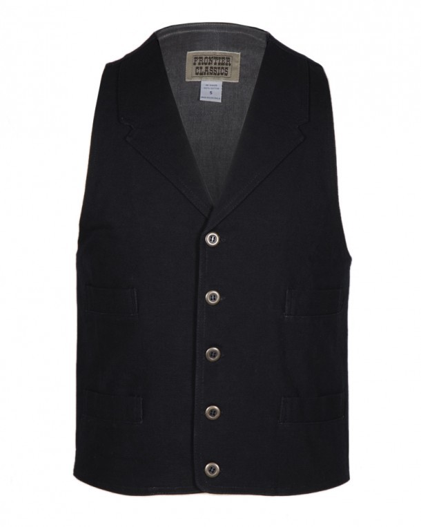 Western style lapelled black cotton vest for men