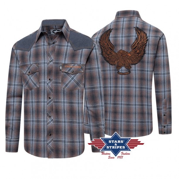 Distressed look brown and blue shirt for men with biker eagle embroidery