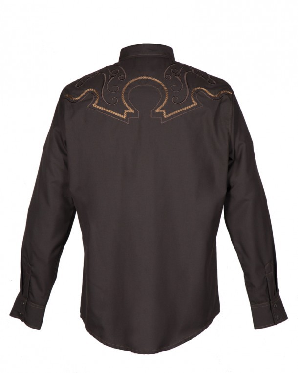 Coffee brown western riding mens shirt with embroidered horse head silhouette