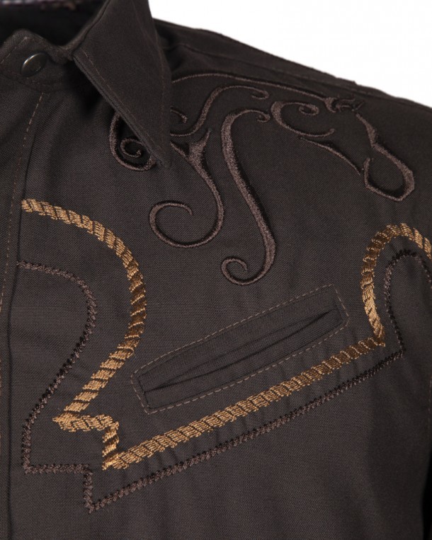Coffee brown western riding mens shirt with embroidered horse head silhouette