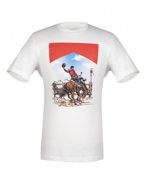 Camisa cowboy blanca dibujo jinete domando caballo salvaje