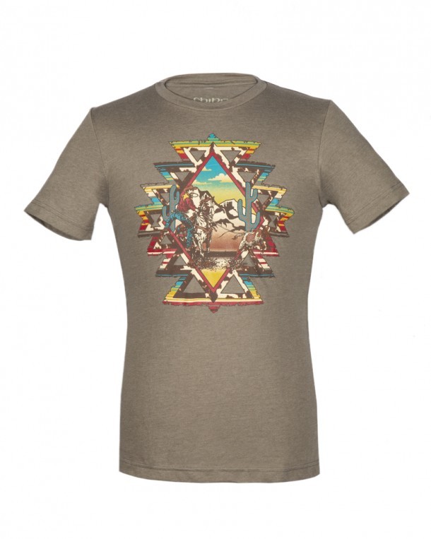 Camiseta estilo cowboy color caqui enlazador vaquero a caballo y mosaico azteca