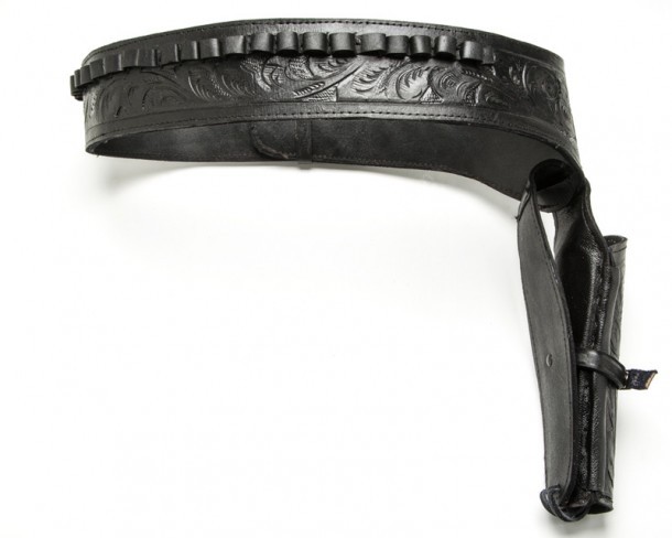 Black leather western gun holster with cartridge belt