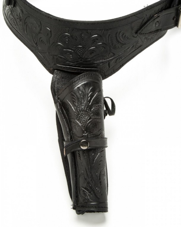 Black leather western gun holster with cartridge belt