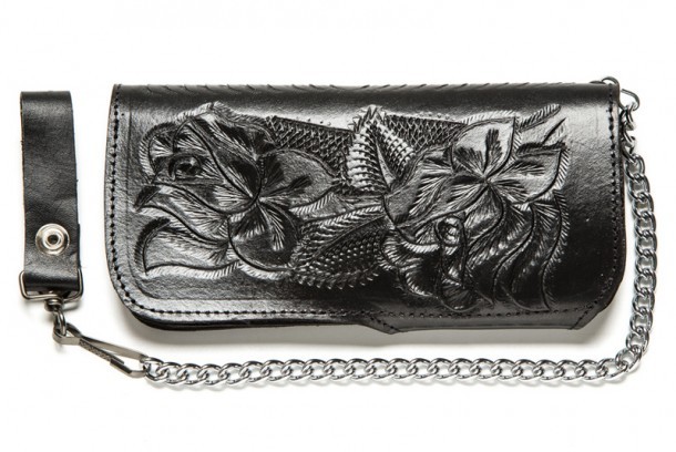Trucker style embossed black leather chain wallet