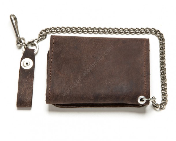 Small brown greased leather wallet with zipper and chain