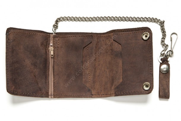 Small brown greased leather wallet with zipper and chain