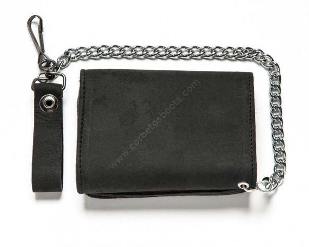 Small black greased leather wallet with zipper and chain