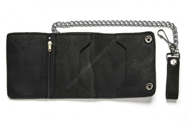 Small black greased leather wallet with zipper and chain