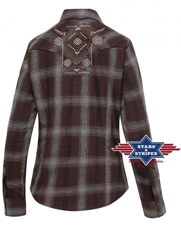 Stars & Stripes ladies brown checked western shirt with buffalo skull embroidery