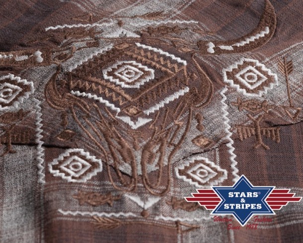 Stars & Stripes ladies brown checked western shirt with buffalo skull embroidery