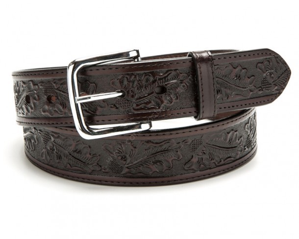 Dark brown floral embossed western leather belt