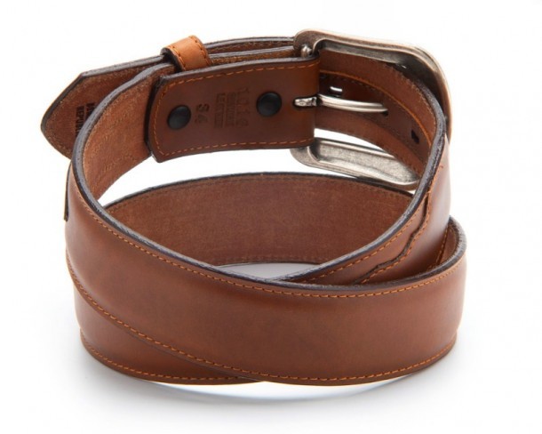 Mens waxed cognac brown leather classic plain belt with cowboy engraved buckle