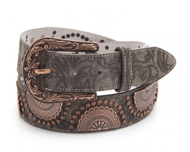 Earthtone brown leather cowgirl belt with big half moon copper conchos