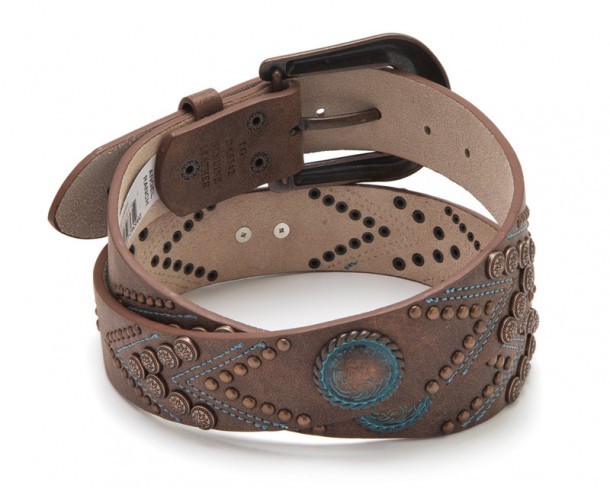 Western fashion copper tone distressed women leather belt with turquoise blue buckle and matching studs