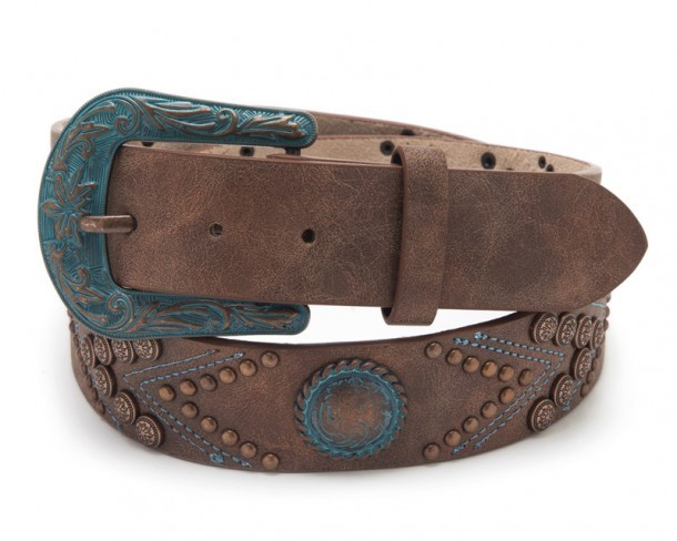 Western fashion copper tone distressed women leather belt with turquoise blue buckle and matching studs